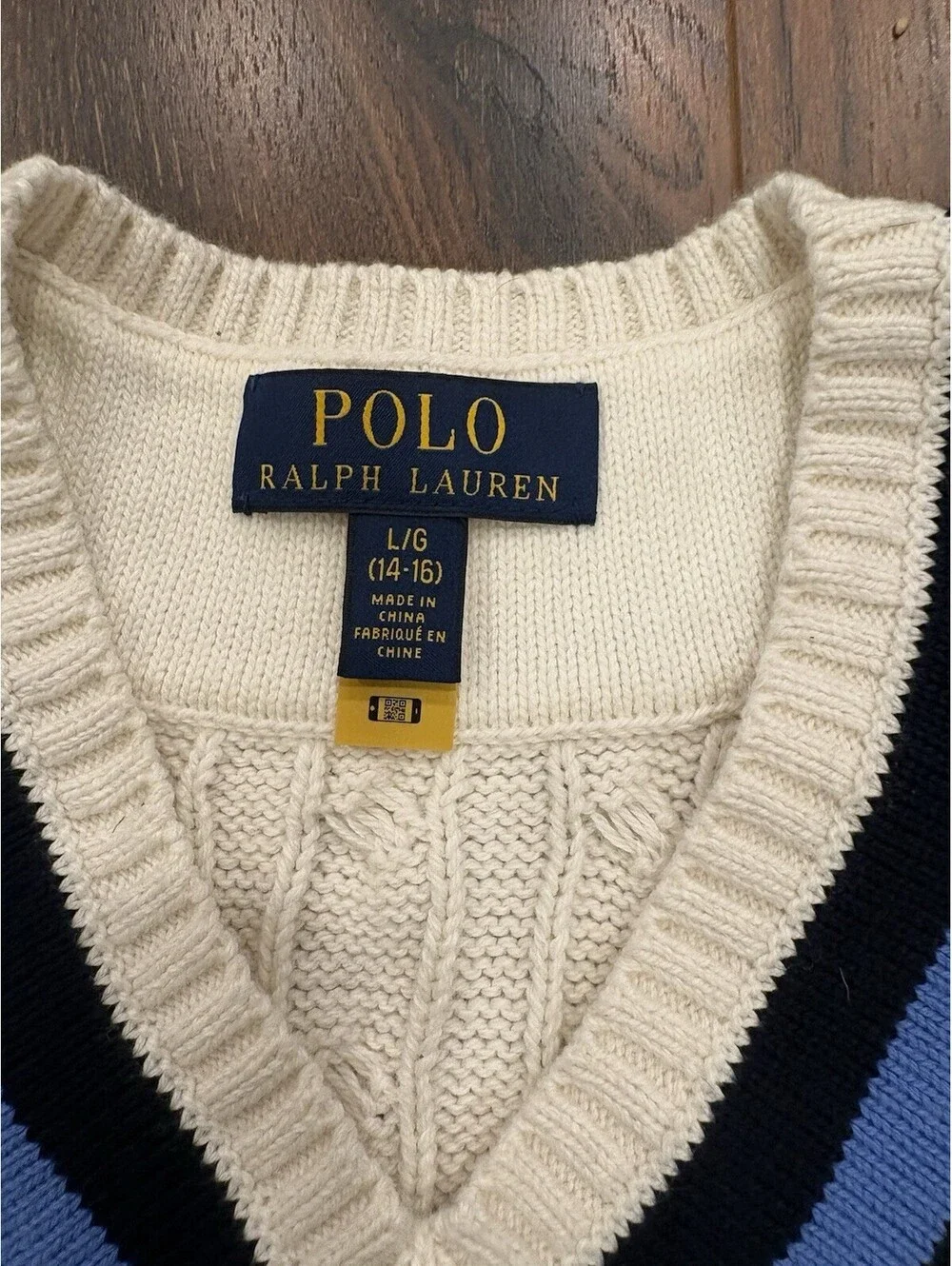 Polo Ralph Lauren Boy L White Cricket Cable Knit V Neck Sweater Cotton 14-16